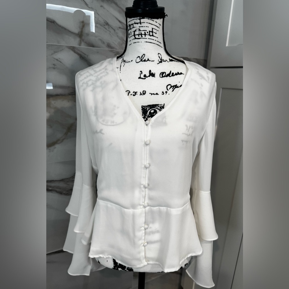 Vince Camuto White Peplum Blouse Double Ruffle Sleeves M New